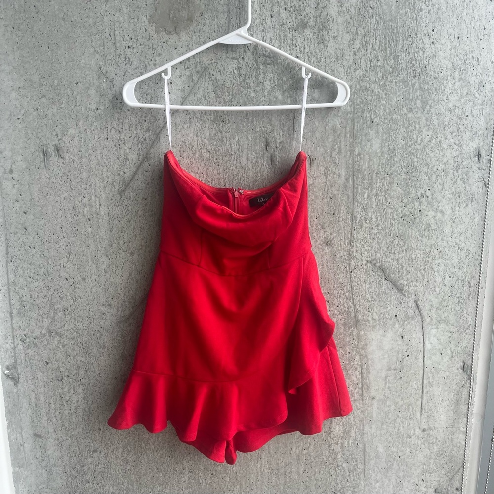 Lulu's Red Strapless Jumpsuit with Ruffle Detail